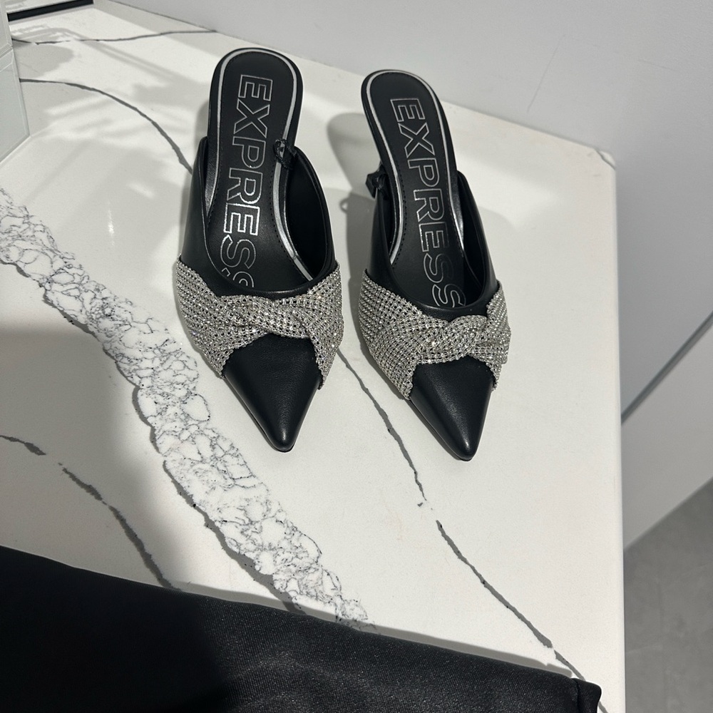 Express Black and Silver Heeled Mules used only once